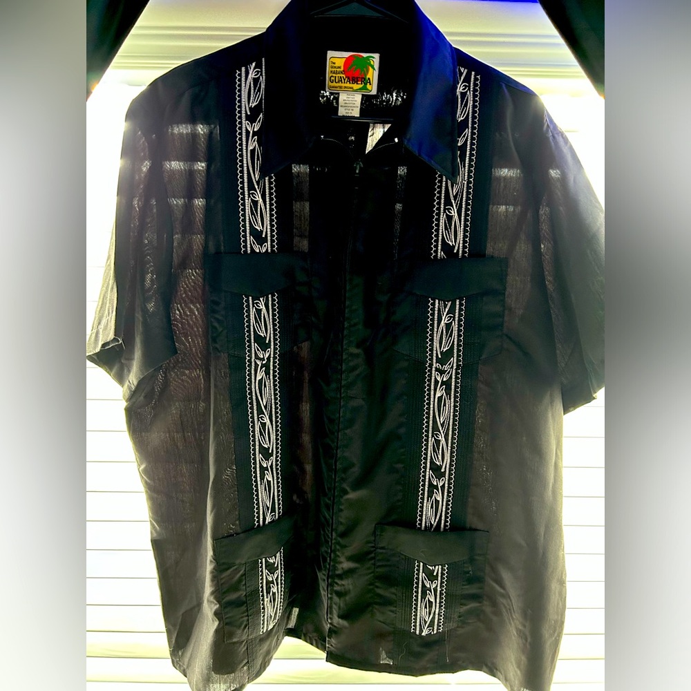 Vintage Mint Haband Guayabera Cuban zip up Shirt Black white/white embroidered